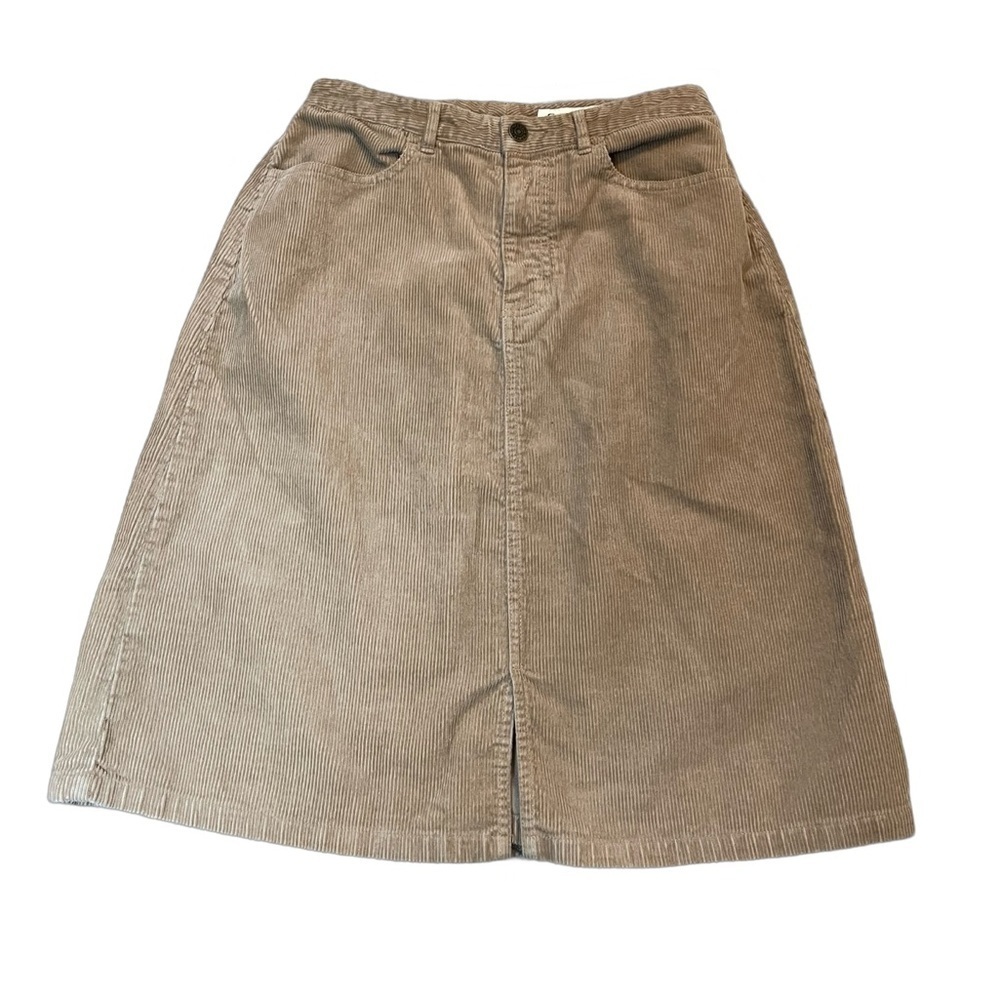 Eddie Bauer women size 4 tan midi corduroy slit front skirt belt loops pockets